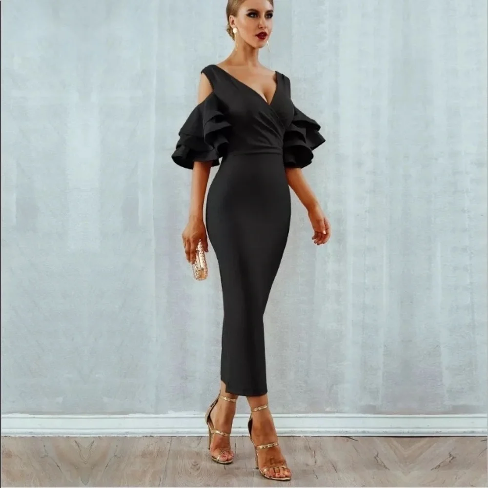 Bodycon Club Dress Sexy Deep V Neck Ruffles Butterfly Short Sleeve Midi size M